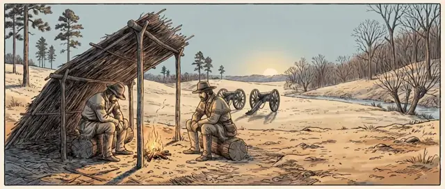 Two men at a fire under a brush shelter in a winter camp, two field guns on open ground behind them.