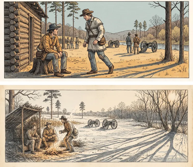 Two versions of the same winter camp. Above, two men outside a corner-notched log cabin. Below, the same moment with a brush-roofed lean-to open to a fire and two guns standing uncovered in the snow.