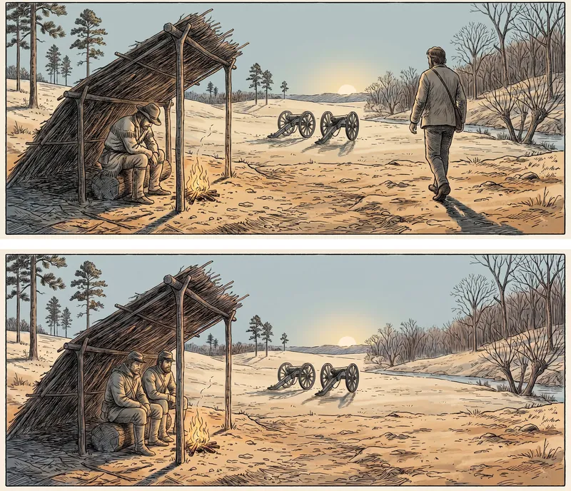 Two versions of the same camp. Above, one man seated under the shelter and a second walking away. Below, both men seated at the fire with the shelter, guns, trees and low sun unchanged.