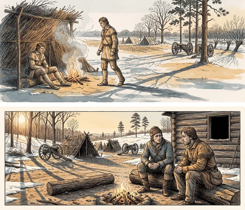 Two versions of the same camp. Above, the picture runs to all four edges. Below, the same scene sits inside a wide cream paper margin with a printed rule around it.