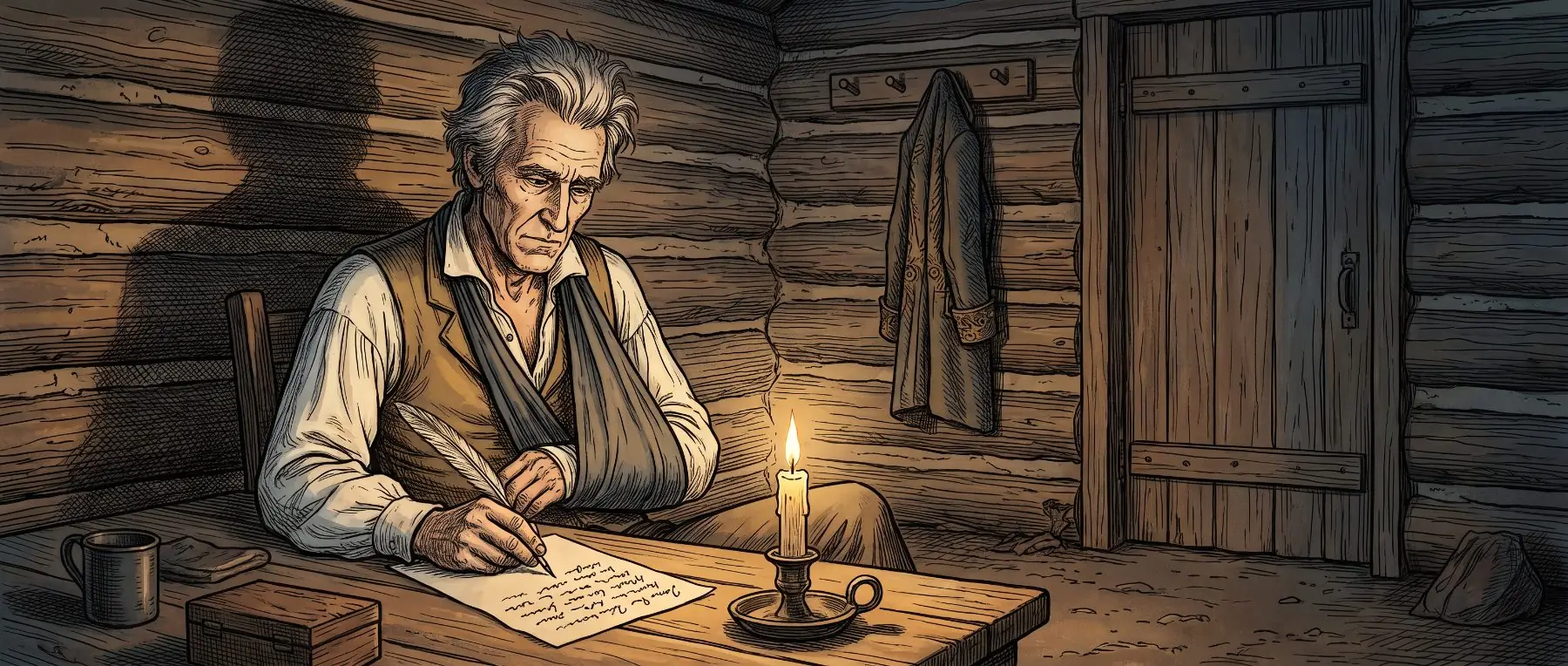 Andrew Jackson at his correspondence desk, illustrated.